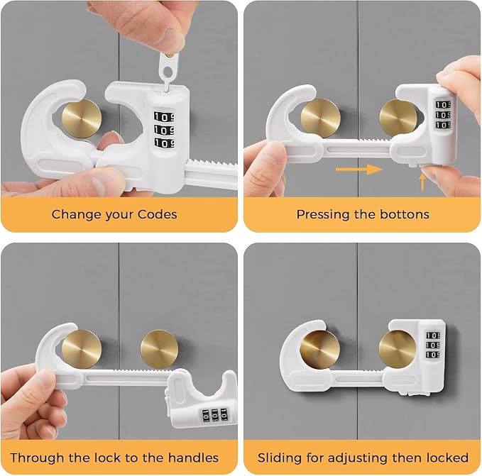 4 Pack U-Shaped Cabinet Locks with Combination Baby Proofing Cabinet Lock Child Proof Sliding Cabinet Door Locks Adjustable Drawers Cupboard Locks Baby Safety Cabinet Latches for Knob Handle (White)