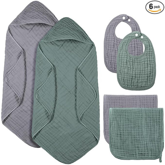Hahafelt 6 Pcs Muslin Hooded Bath Towels Washcloths and Bibs Set, Muslin Cotton Baby Towels Absorbent Hooded Blanket Towel Infant Bibs for Boys Girls Newborn Infant Essential(Gray, Green)