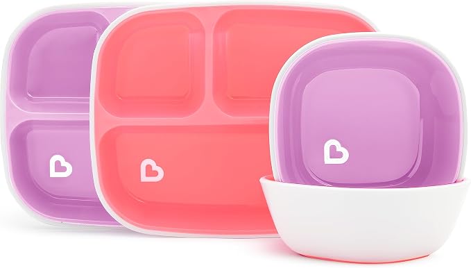 Munchkin® Splash™ 4 Piece Toddler Divided Plate and Bowl Dining Set, Pink/Purple