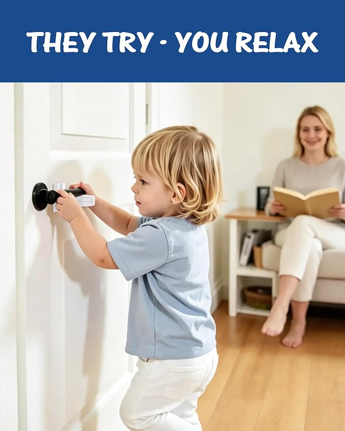 Yunkey Child Proof Door Lever Lock (6-Pack) - Low-Profile Design Helps Prevent Toddlers & Pets from Opening Doors, Fits Standard Lever Handles, 3M Adhesive, No Drill, Removes Cleanly