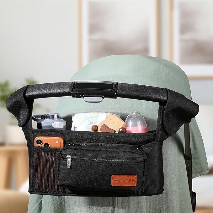 Universal Stroller Organizer with Insulated Cup Holder and Removable Wrist Strap Large Capacity Stroller Organizer for Mom, Baby Joggers, Uppaby, Britax, BOB, Umbrella and Pet Stroller (Black)