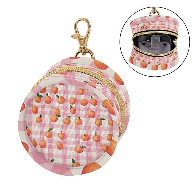 Pacifier Holder with Clip Pacifier Case for Diaper Bag Round Baby Pacifier Pouch Box Bag Portable Pink Checkered Peach
