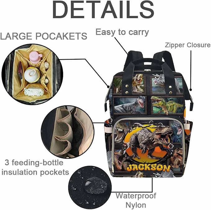 MyPupSocks Custom Dinosaur Diaper Bag Named with Love: Personalized Diaper Bag with Name - Ideal Travel Companion for New Moms Son Grandson