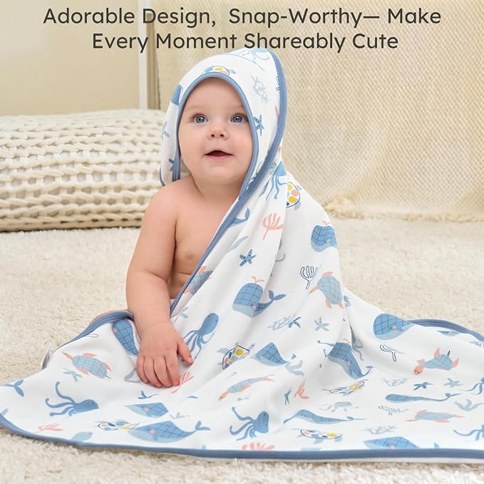 Hooded Baby Towels for Newborn,100% Cotton Baby Bath Towels with Hood for Infant Toddler Boy Girl, 2 Pack 32x32 Inch Soft & Absorbent Knit Terry Bath Essentials Blue Whale