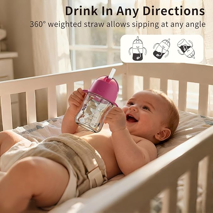Evorie Tritan Weighted Straw Sippy Cup with Handles for Baby and Toddlers, Spill Proof Baby Water Bottle with Straw for 6 Months and up, 7 Oz, Infant Training Water Bottle (Strawberry)