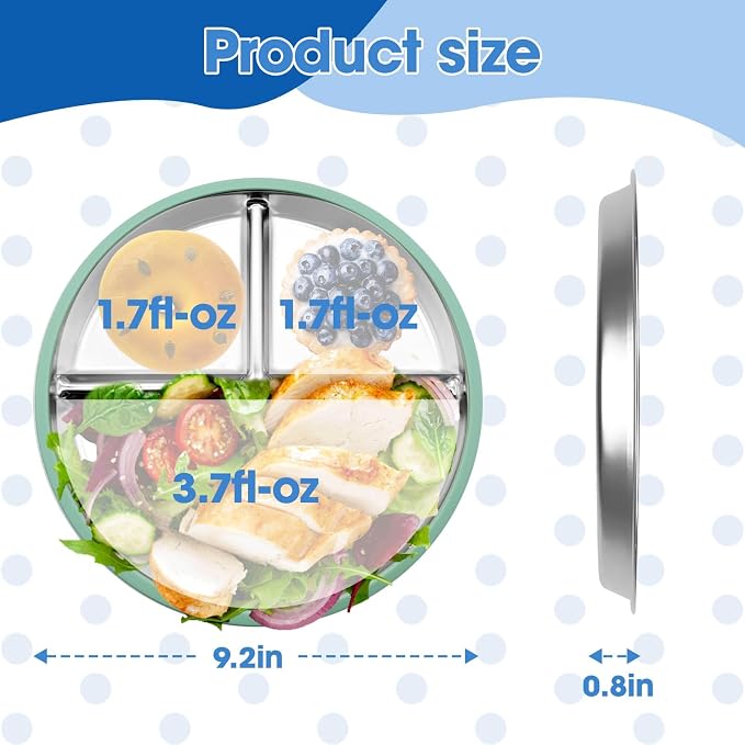 4-Pack Stainless Steel Baby Suction Plates, 9-Inch Toddler Divided Plates with Extra-Large Non-Slip Silicone Suction Base | Baby, Toddler, Kids| Dinner & Snack Plates | Dishwasher Safe