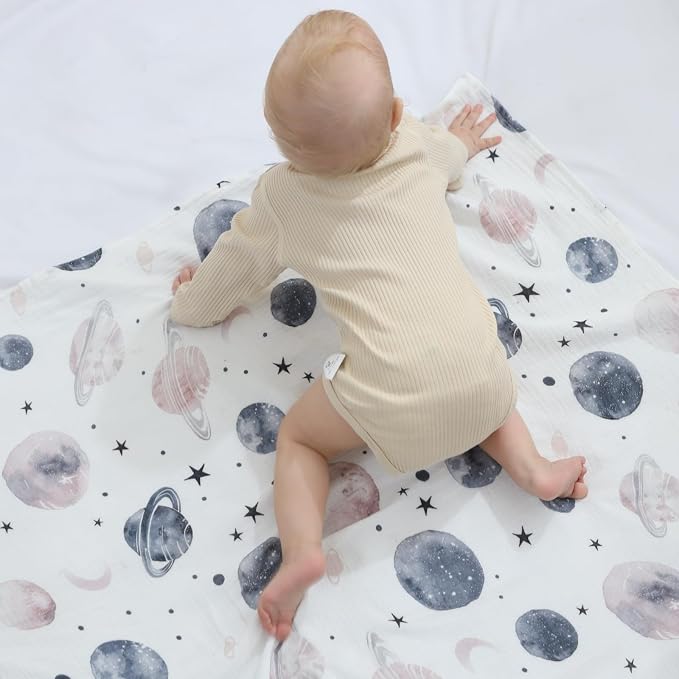 insular Muslin Swaddle Blankets for Boys Girls, 2 Pack Receiving Baby Blanket Large 47 x 47 inches, Soft Breathable Swaddling Wrap for Unisex Newborn, Space&Blue