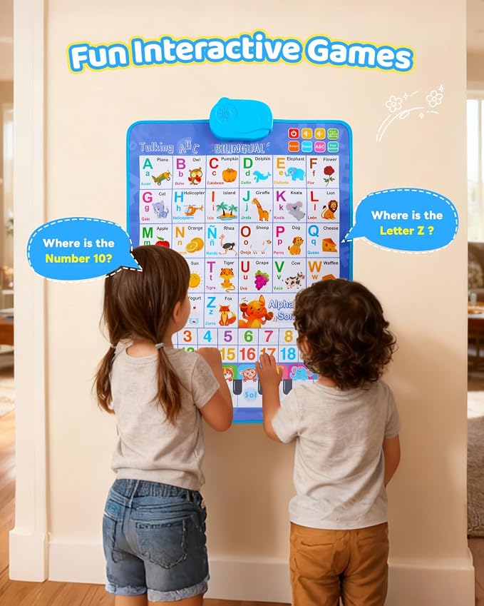 Spanish Alphabet Talking Wall Chart for Toddlers 1-6, Bilingual Learning Poster with English Translation, ABC 123 Learning Poster, Interactive Musical Toy, Educational Gift for Kids 3+ & Autism