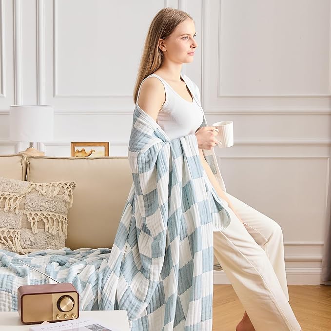 EMME Cooling Muslin Queen Blanket for Bed - Checkered Lightweight Summer Cotton Blankets of Rayon Derived from Bamboo for Hot Sleepers, Ultra Soft Breathable Gauze
