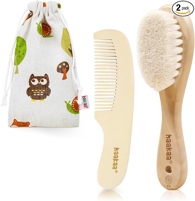 haakaa Baby Hair Brush and Comb Set for Newborns & Toddlers - Natural Soft Wool Bristles and Wooden Handle, Gently Grooms Baby's Hair, Ideal for Cradle Cap, Perfect Baby Gift, 2pk