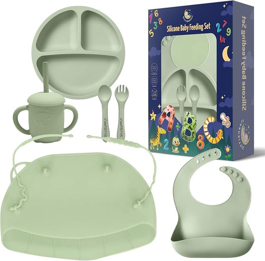 SilliSupply Silicone Baby Feeding Set with Utensil Holders & Catch Compartment - Innovative Weaning Kit with Bib, Spoon, and Suction Mat
