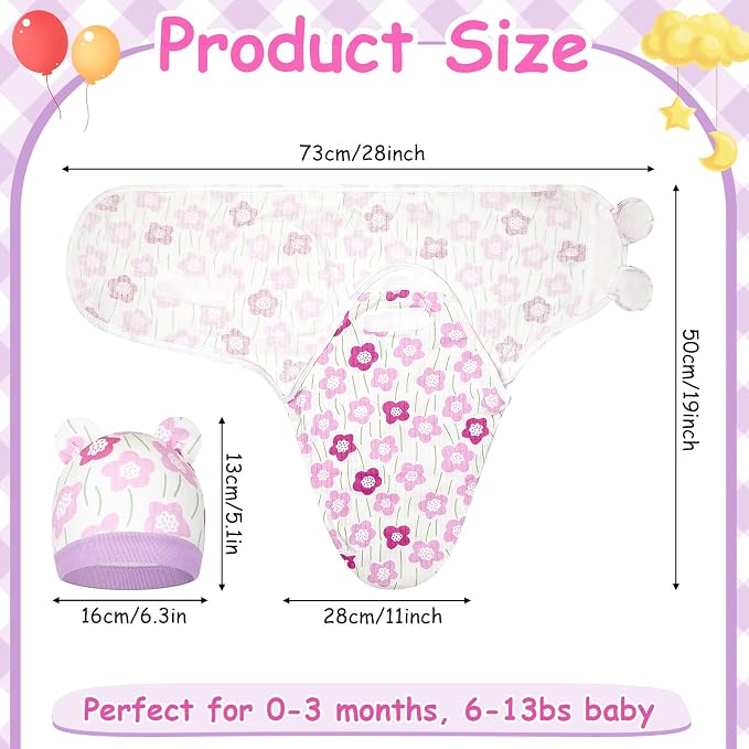 Ramede 6 Pack Swaddle Blanket with Hats for Baby Girl Boy 100% Cotton Swaddles 0-3 Months, Adjustable Breathable Skin Friendly Receiving Blanket Wrap, Essential for Newborns(Flower,Pink and Green)