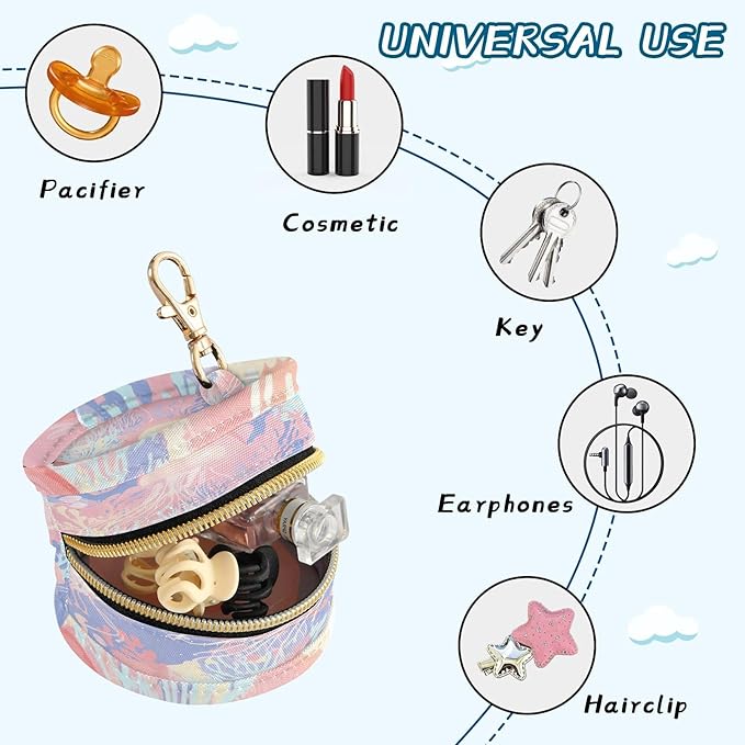 Pacifier Holder with Clip Pacifier Case for Diaper Bag Round Baby Pacifier Pouch Box Bag Portable Pastel Coral Reef Jellyfish