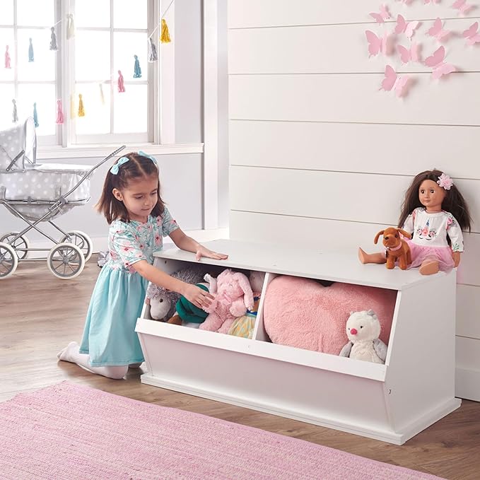 Badger Basket Two Bin Stackable Toy Storage Cubby Organizer ??Modular Storage for Toys, Books, and Crafts ??Solid Wood Panel - White