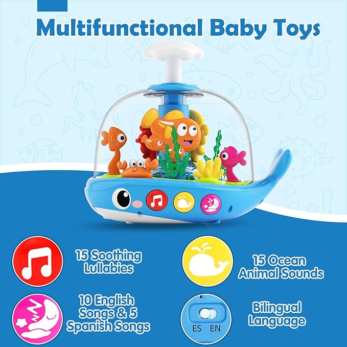 Baby Toys for 1 Year Old Boy Girl Gifts - Baby Toys 6-12-18 Months Press & Spin Aquarium Musical Light Up Infant Toy - Bilingual Learning Tummy Time Cause and Effect Toy for 7 8 9 10 11 Months