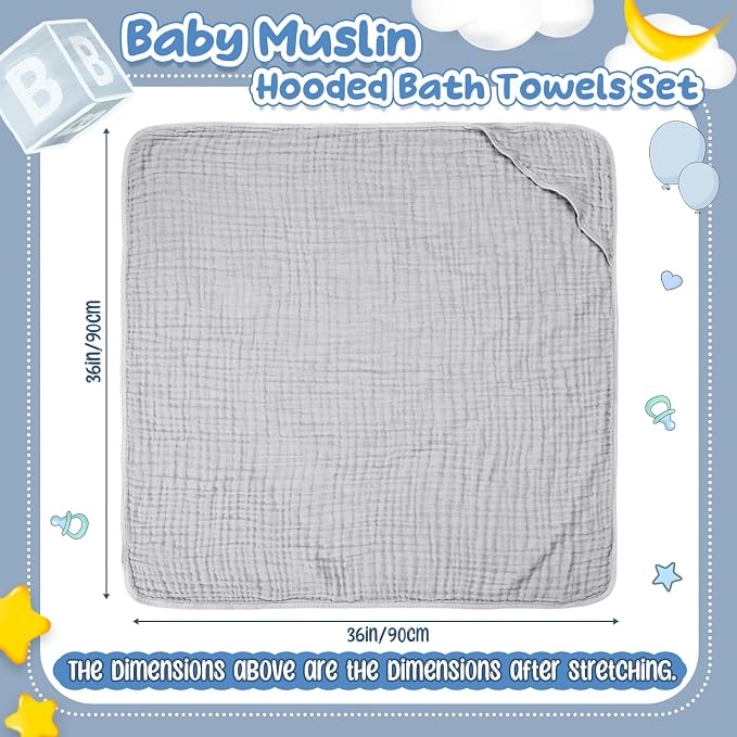 Breling 3 Pcs Muslin Hooded Baby Towels, 32 x 32 Inch 100% Muslin Cotton Newborn Bath Towel Absorbent Blankets Bath Essentials Registry Gift for Newborn, Infant Baby, Toddlers (Light Gray)
