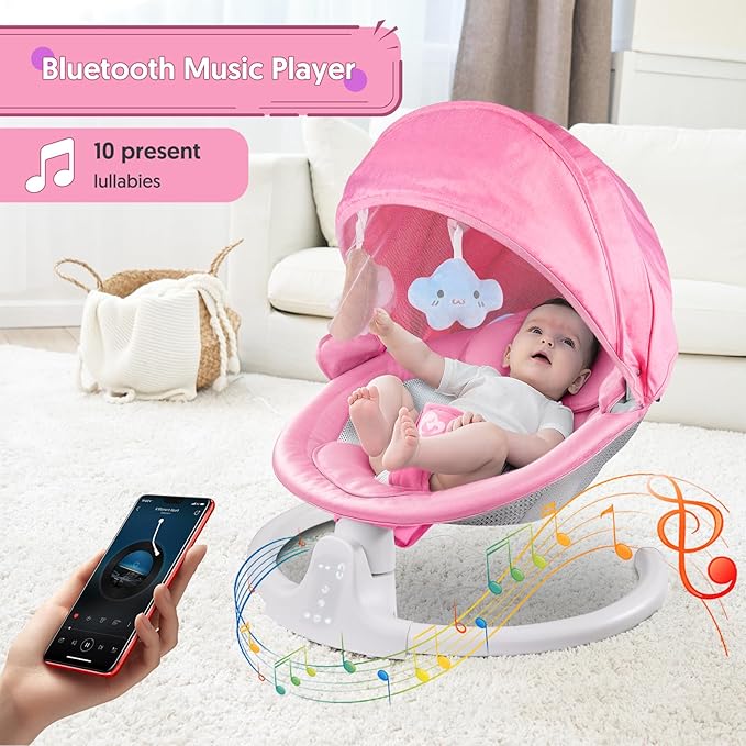 Bluetooth Baby Swing for Infants, Compact & Portable Pink Baby Girl Swing, 3 Seat Positions, 5 Swing Speed, 10 Music, Remote Control, Plug-in Power, Reversible Cushion, mecedora eléctrica para Bebe