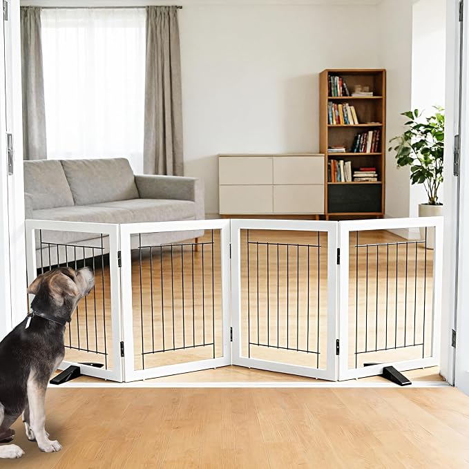 Dog Fence Indoor - 4-Panel Freestanding Dog Gate for Doorways, Hallways, House or Stairs -80x24-Inch Retractable Foldable Expandable Wood Pet by SFJC (White)