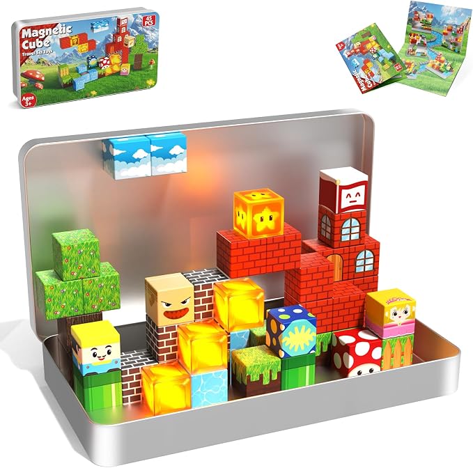 Annexfun Magnetic Blocks with Light Up Blocks - 45PCS Travel Magnetic Building Blocks for Toddler,STEM Educational Cubes Toys for Kids Ages 3 4 5 6 7 8 Year Old Boys Girls Christmas Birthday Gifts
