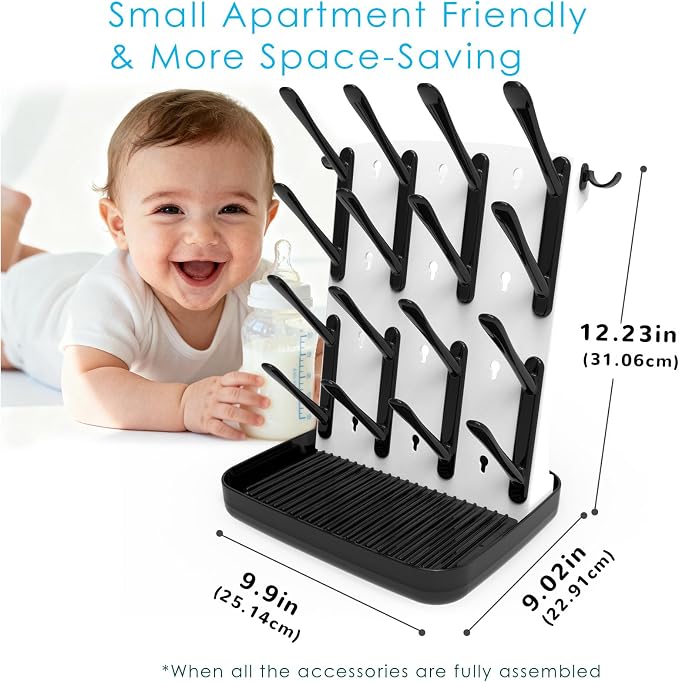 Baby Bottle Drying Rack, Vertical Space Saving Bottle Dryer for Countertop, Holds 12 Bottles, BPA Free Baby Bottle Organizer with Removable Drip Tray for Pacifiers, Pump Parts & Accessories
