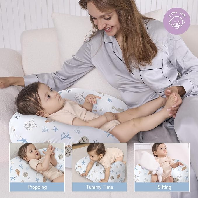 Little Grape Land Nursing Pillow for Breastfeeding, Ergonomic Feeding Pillow with Removable Cover, Baby Feeding Pillow with Hidden Zipper Guard and Supportive Breathable Filling, Shell, Upgraded