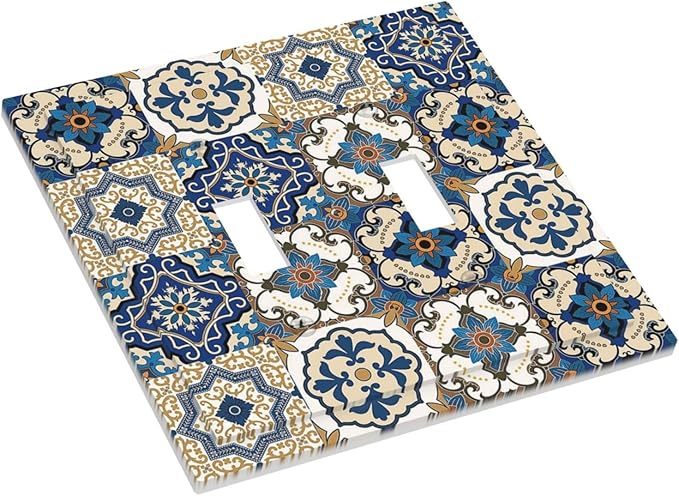 Boho Talavera Decorative Tile Moroccan Mandala Print Decorative Switch Plates 2 Gang Double Toggle Outlet Light Switch Cover Wall Plate Electrical Faceplate for Bathroom Kitchen Decor