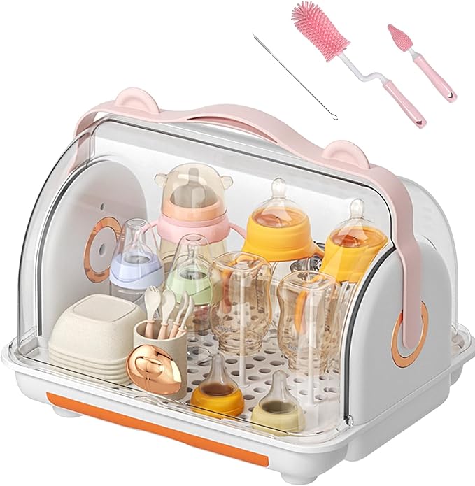 Baby Bottle Drying Rack Storage with 3 Brush, Nursing Bottle Storage Box Organizer with Cover, Portable Kitchen Cabinet Organizer, Durable countertop Dryer (Orange)