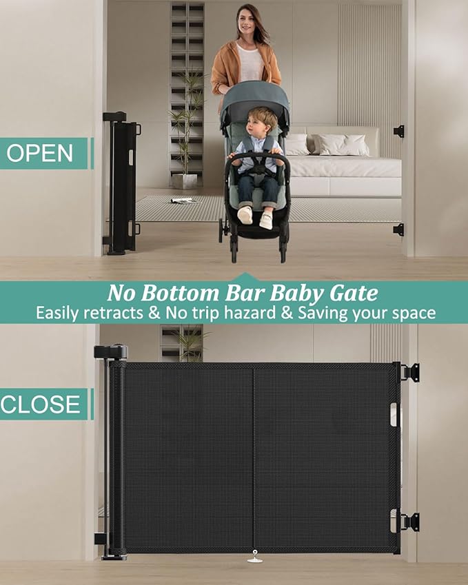Miumoon 59 inch Retractable Baby Gates 42 inch Tall, Retractable Gate with Reinforced Strip Design to Prevent Crawling Through, 5 FT Retractable Dog Gate for Stairs, Doorways, Hallways, Indoor/Outdoor