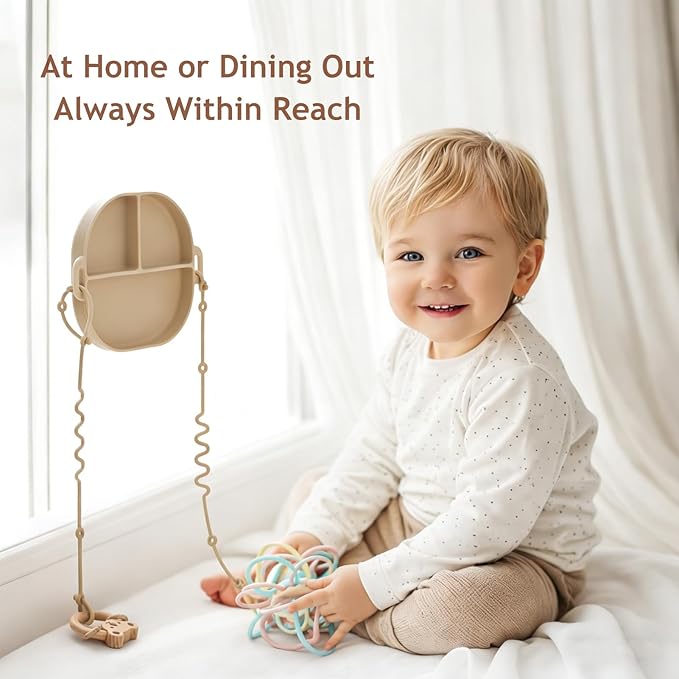 Andy Bear Silicone Plates for Babies with Suction Divided Baby Spoons Silicone Baby Toy Straps All-in-one Plates Silicone Placemat for Babies Toddlers Attachable Tethers & Built-in Suction Cups-Ivory