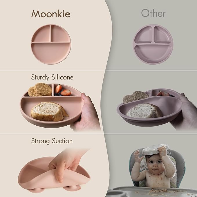 Moonkie Suction Plates for Baby | 100% Silicone BPA-Free Baby Plates with Lids and Food Cover | Divided Design | Microwave and Dishwasher Safe | Toddler Plates 3 Pack