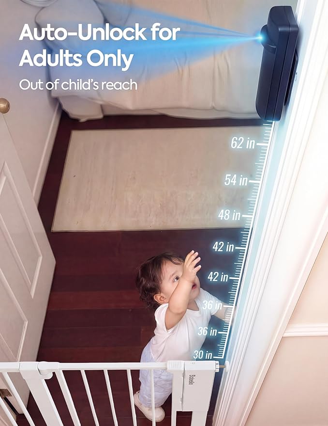 Babelio Smart Baby Gate with Auto-Unlock/Close, Pressure Mounted No Drill for Doorways/Top of Stairs. Pet/Dog Door Wide Walk Thru w/Infrared Sensor & Safety Alert (White, 30.3-47.2" W, 30" H)