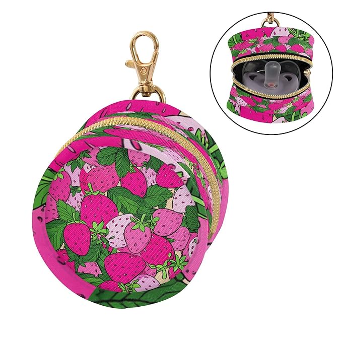 Pacifier Holder with Clip Pacifier Case for Diaper Bag Round Baby Pacifier Pouch Box Bag Portable Pink Cute Strawberries