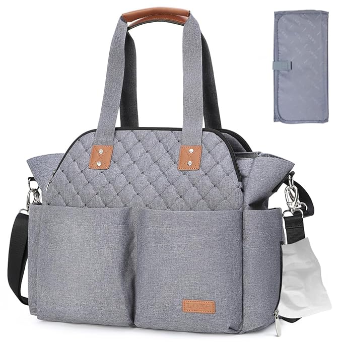 Lekebaby Diaper Bag Tote for Baby - 17 Pockets Large Travel Diaper Tote with Portable Changing Pad, Mom Crossbody Hospital Bag for Labor Delivery, Waterproof, Baby Essentials for Newborn Gifts, Grey