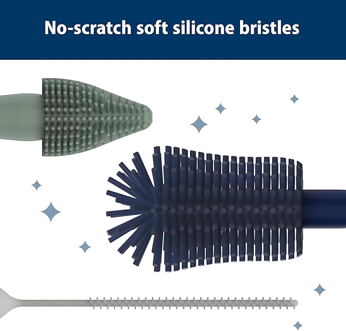 Dr. Brown's Silicone Cleaning Brush Set with Bottle, Spout, and Straw Brush, 3-Pack + Baby Bottle Sponge Brush, Blue, 3-Pack