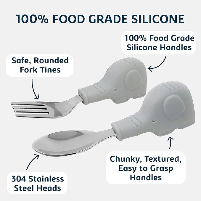 Tiny Twinkle Easy Grip Toddler Utensils Spoon and Fork Set - BPA & Phthalate Free Utensil Sets, Kids Silverware With Silicone Handle, Baby Led Weaning Supplies for 12 Months & Up (Grey Elephant)