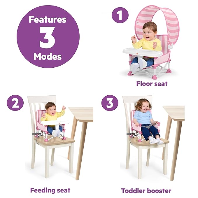 Bright Starts Pop 'N Sit Cabana Portable Booster Chair with UPF Canopy, Floor Seat for Indoor/Outdoor Use, Compact Fold, Pink, 6 Months?? Years