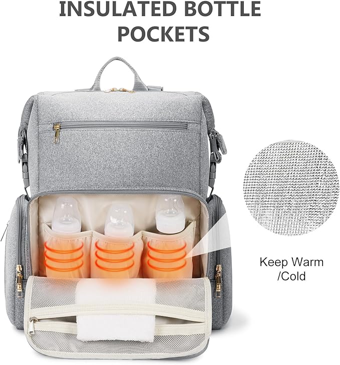 CEI-CEI Neoprene Diaper Bag Backpack with Insulated Pockets, Large Newborn Baby Maternity Bags Travel Tote with Changing Pad (Grey)
