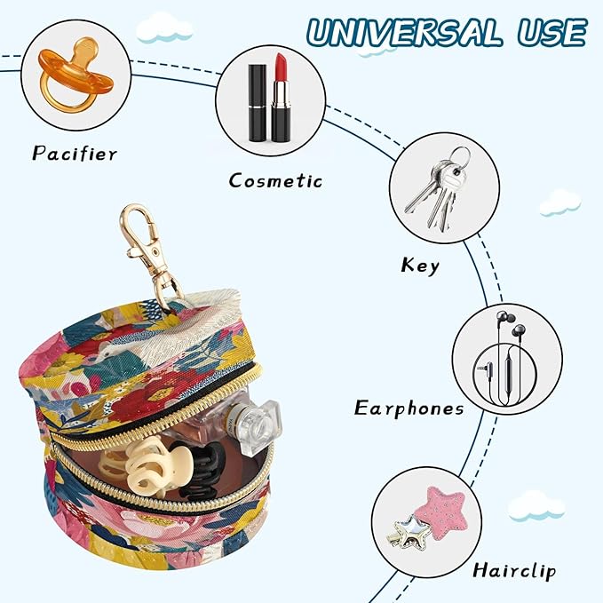 Pacifier Holder with Clip Pacifier Case for Diaper Bag Round Baby Pacifier Pouch Box Bag Portable Garden Flowers Hedgehogs Colorful