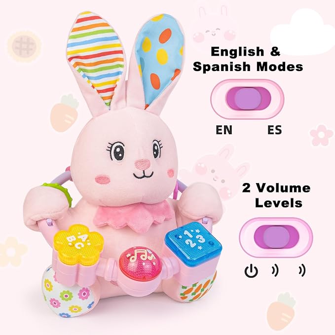 Ryotagift Baby Bilingual Musical Rabbit Stuffed Animals Toys,Infant Early Learning Toy with Light-Up Music & Crinkle,Tummy Time Toys for 0 3 6 9 12+ Months for Baby Boy Girl Easter Gift,Pink