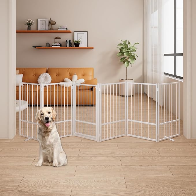 6 Panels Full Metal Freestanding Dog Gates with Door, 120” W x 36” H Folding Pet Gate Fence with Support Feet for Indoor,Stairs, Hallways and Doorways(White)