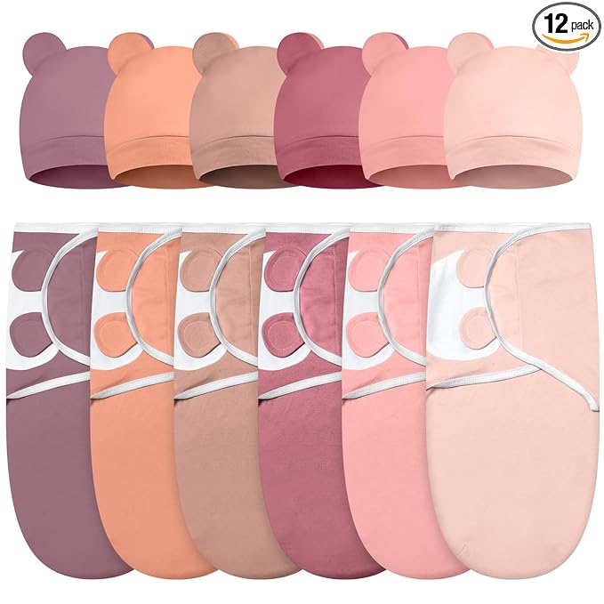 Ramede 6 Pack Swaddle Blanket with Hats for Baby Girl Boy 100% Cotton Swaddles 0-3 Months, Adjustable Breathable Skin Friendly Receiving Blanket Wrap, Essential for Newborns(Simple,Solid Pink)