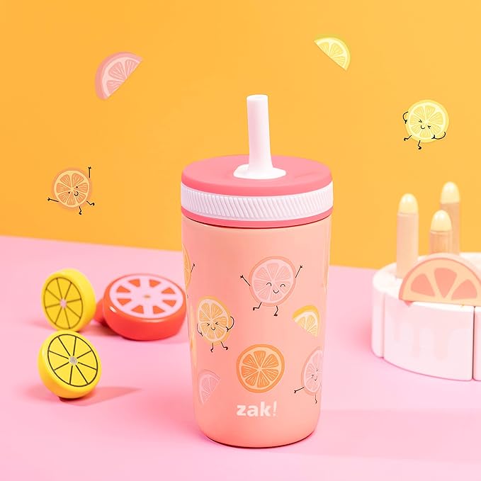 Zak Designs Kelso Tumbler Toddler Cup For Travel or At Home, 12oz Vacuum Insulated Stainless Steel Sippy Cup With Leak-Proof Design is Perfect For Kids (Happy Fruit)