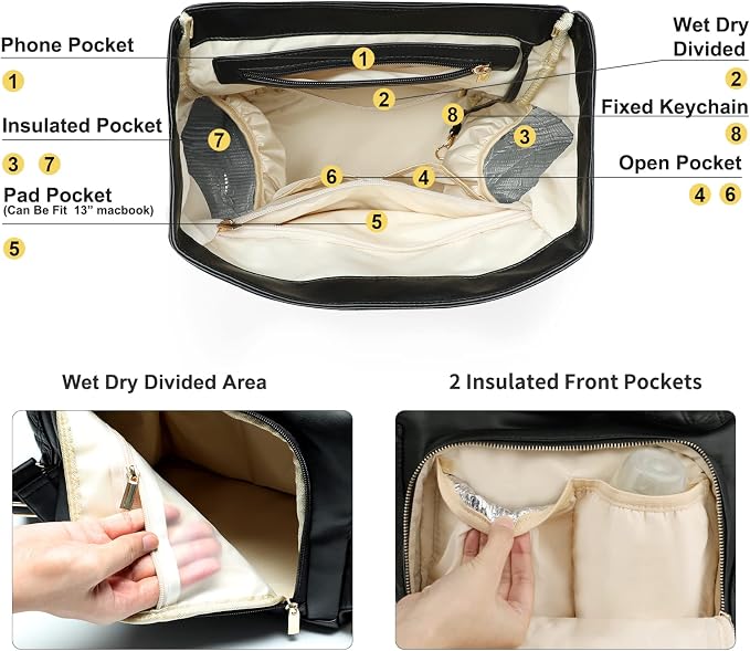 miss fong Diaper Bag Backpack Baby Diaper Bag for baby boy and girls, Leather Baby Bag with 13 diaper bag organizing pouches, Changing Pad, Stroller Straps and 4 Insulated Pockets(Black)