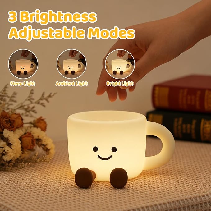 Cute Cup Night Light 3 Level Dimmable Timer 7 Colors Nightlight Cute Lamps Silicone Squishy Light Up Rechargeable Bedside Animal Touch Lamp for Breastfeeding Desk Dorm Decor Birthday Gift