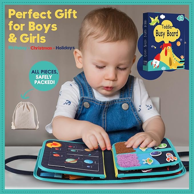 Toddler Sensory Busy Board: Travel Toy Activity Book for Girls Boys, Motor Skill Development Gift for Baby Aged 3-4 Years, Fine Educational Preschool Montessori Learning Toy for Car Airplane Space