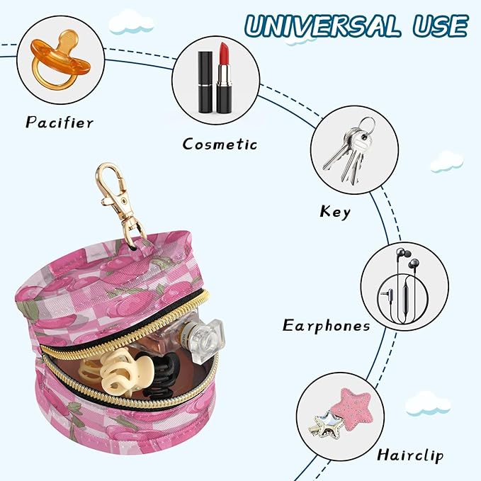 Pacifier Holder with Clip Pacifier Case for Diaper Bag Round Baby Pacifier Pouch Box Bag Portable Pink Checkerboard Peach
