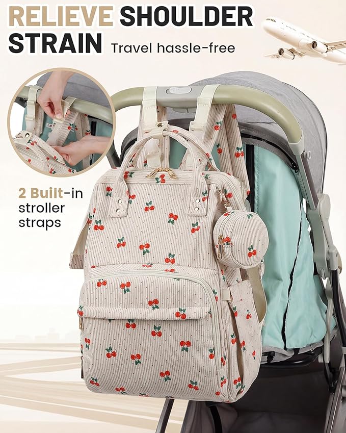 Corduroy Diaper Bag Backpack, Large Capacity Multifunction Baby Diaper Bags for Women, Insulated Bottle Pockets & Pacifier Case, Stylish Travel Nappy Changing Bags for Mom Dad (Cherry)