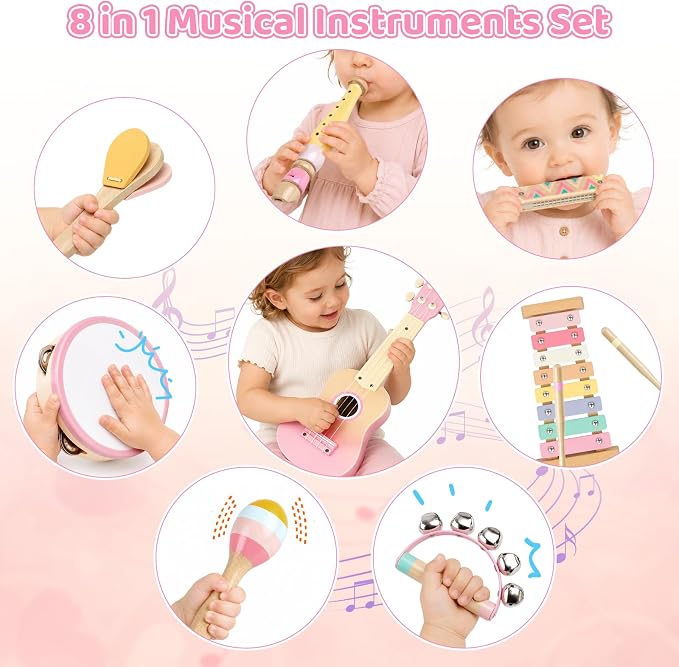 Pink Kids Guitar Set - 8 in 1 Toddler Musical Instruments,Montessori Wooden Ukulele Xylophone Tambourine Maracas Flute,Toy Guitar for Toddler Girl Ages 1-3, 2 3 4 Year Old Girl Birthday Gift