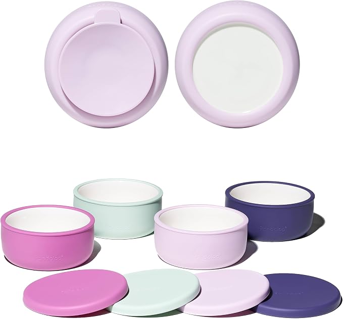 Pandaloo® Porcelain Kids Bowls 4-Pack with Removable Suction Base & Silicone Lid, Non-Toxic Toddler Feeding Bowls, Microwave & Dishwasher Safe, Ceramic Baby Bowls for Babies & Toddlers