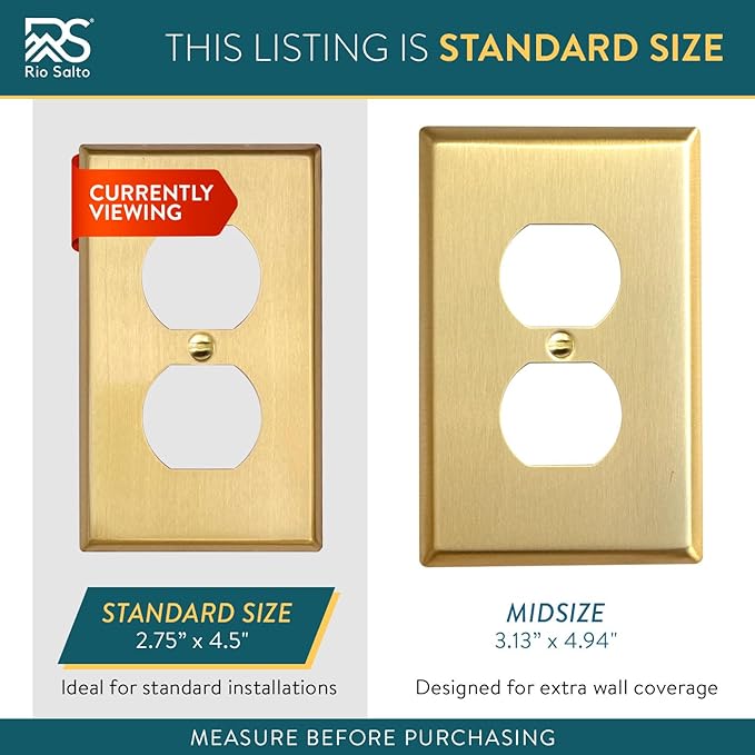 Rio Salto BRASS Signature Collection Brushed Brass Gold Metal Outlet Covers, Decorative Light Switch Cover Plate Wall Plate, Premium, Duplex 1-Gang, 2.75" X 4.50" Standard Size, 4-Pack